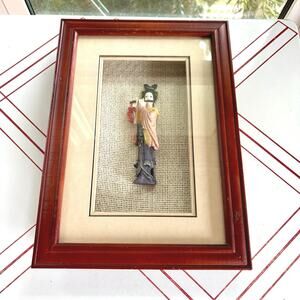 Vintage Asian Shadow Box Wall Art 3D Figurine Wood Frame Burlap